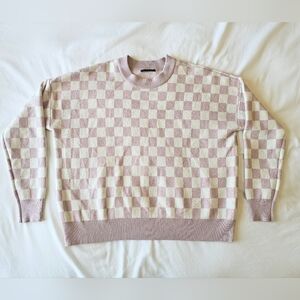 Womens Tahari Sweater M PINK checkered Crew Neck Neutral Comfy Patterned